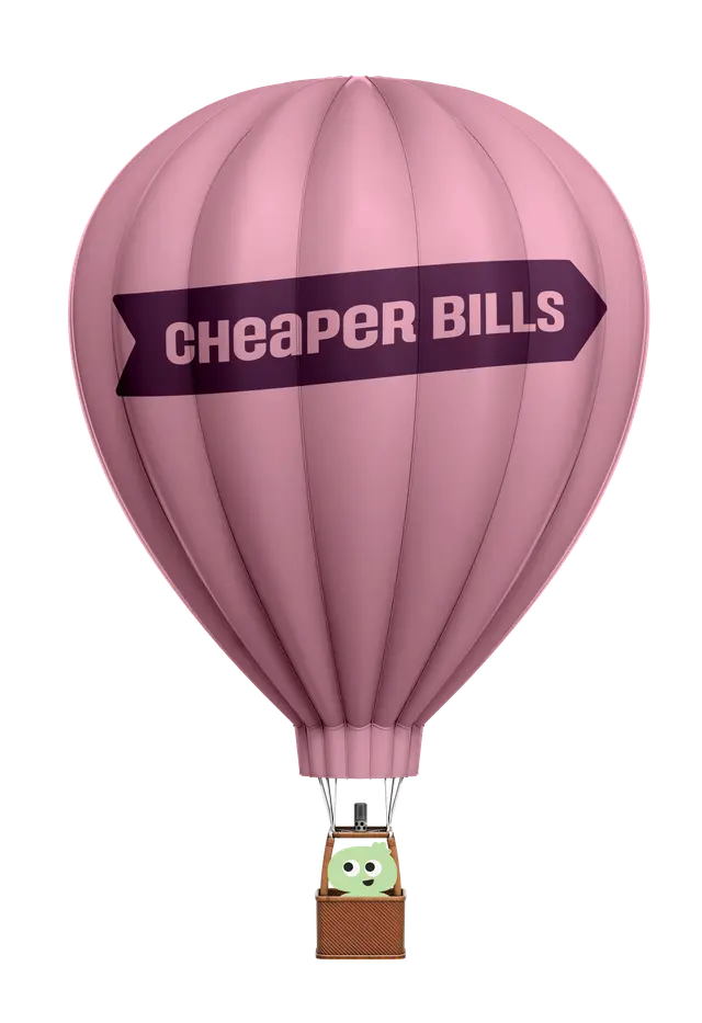 Pink hot air balloon with Cheaper Bills banner