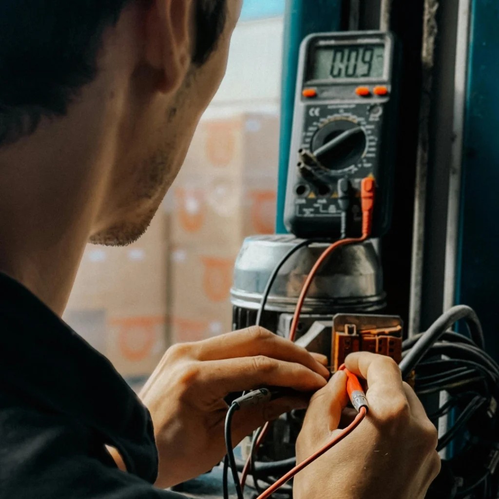 Technician testing industrial electrical equipment with a multimeter